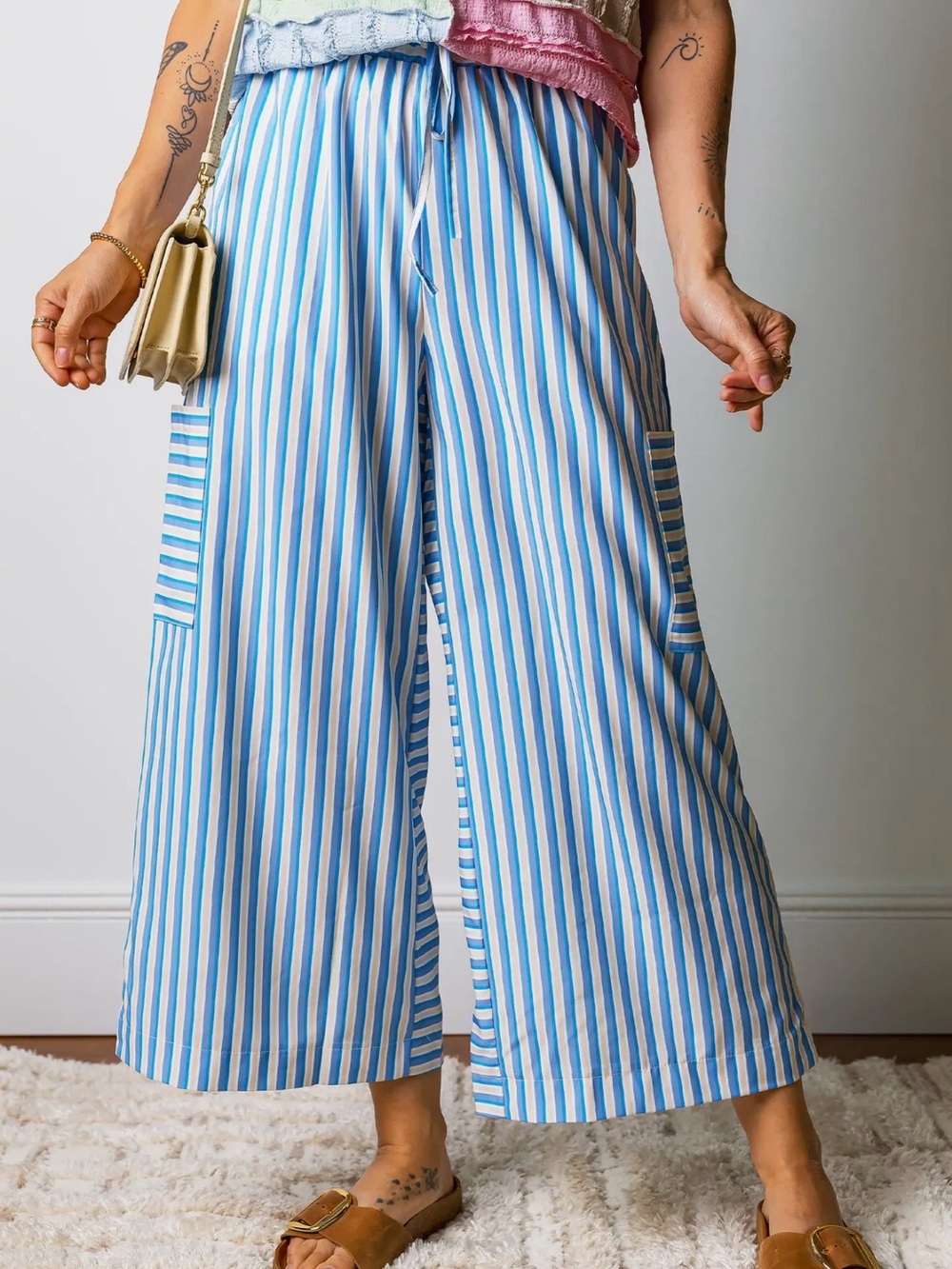 Striped Wide-Leg Women’s Pants - Blue & White